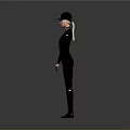 Character In Black Uniform Hat Holding Whip Bare Chest Black Pants Boots Gray Background