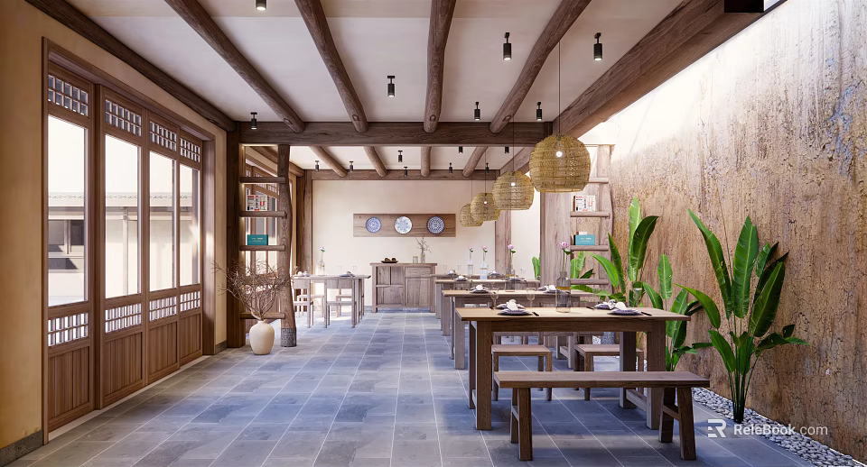 Traditional Chinese Restaurant Interior With Wooden Beams Hanging Lanterns Wooden Tables Green Plants And Stone Flooring 3d model 