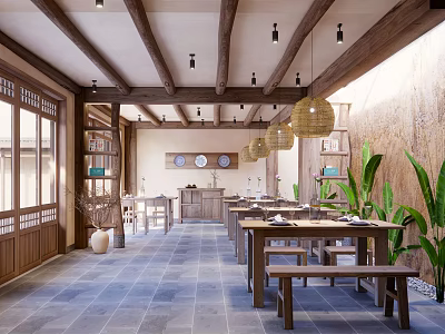 Traditional Chinese Restaurant Interior With Wooden Beams Hanging Lanterns Wooden Tables Green Plants And Stone Flooring 3d model