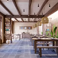 Traditional Chinese Restaurant Interior With Wooden Beams Hanging Lanterns Wooden Tables Green Plants And Stone Flooring