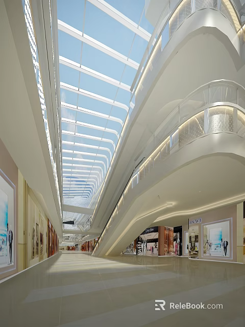 Modern Shopping Mall Interior With Glass Skylight Multi Level Walkways And Bright Storefronts 3d model 