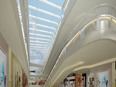 Modern Shopping Mall Interior With Glass Skylight Multi Level Walkways And Bright Storefronts 3d model