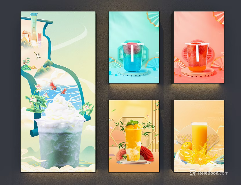 Colorful Beverage Themed Wall Hanging With Cup And Fruit Decorative Designs 3d model 