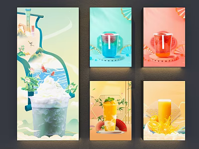 Colorful Beverage Themed Wall Hanging With Cup And Fruit Decorative Designs 3d model