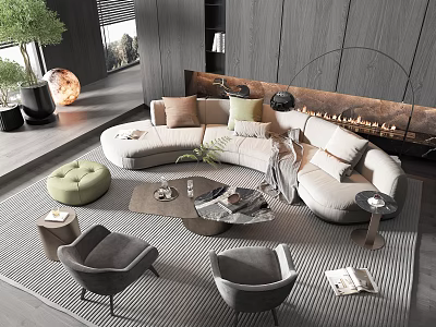Modern Light Sofa And Coffee Table Set With Cushions Armchairs On Stylish Rug Interior 3d model