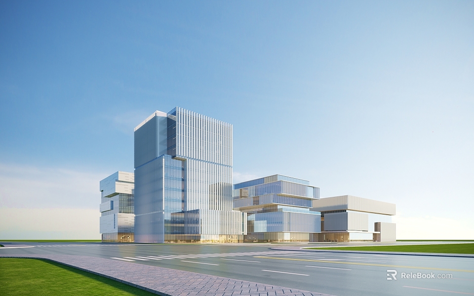 Modern Office Building With Glass Curtain Wall Multiple Buildings Blue Sky Road and Lawn 3d model 