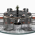 Round Black Dining Table Set with Metal Chairs Red Seats Tableware Vase on Patterned Rug 3d model