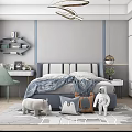 Cozy Kids Room Interior With Blue White Striped Bed Rhino Penguin Bear Astronaut Stuffed Toys