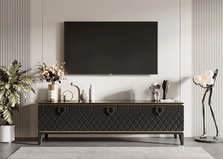 Elegant Black TV Stand with Quilted Design Wall Mounted TV Striped Wall and Decorative Items 3d model 