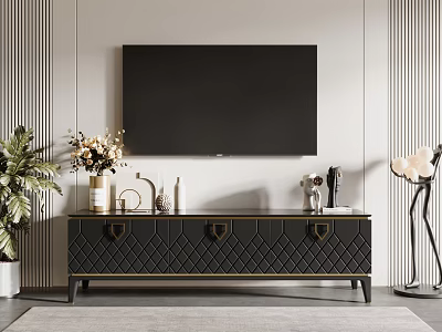 Elegant Black TV Stand with Quilted Design Wall Mounted TV Striped Wall and Decorative Items 3d model