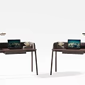 Modern Wooden Desk Setup With Laptop Table Lamp And Decorative Items