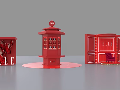 Red ELLE Themed Photo Check In Spot with Decorative Structures And Display Areas 3d model