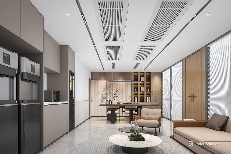 Elegant Modern Break Room Interior Design With Cabinets Refrigerator Tables And Sofa 3d model