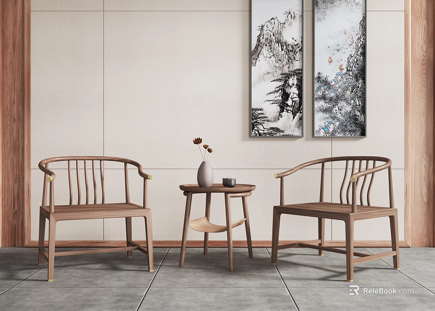 Simple Wooden Table And Chair Set With Small Round Table And Hanging Landscape Paintings 3d model 