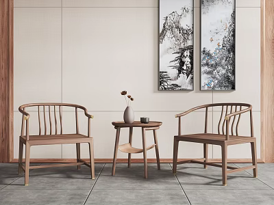 Simple Wooden Table And Chair Set With Small Round Table And Hanging Landscape Paintings 3d model