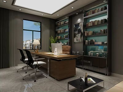 Modern Office Interior Design With Wooden Desk Computer Office Chairs Bookshelves And Potted Plant 3d model