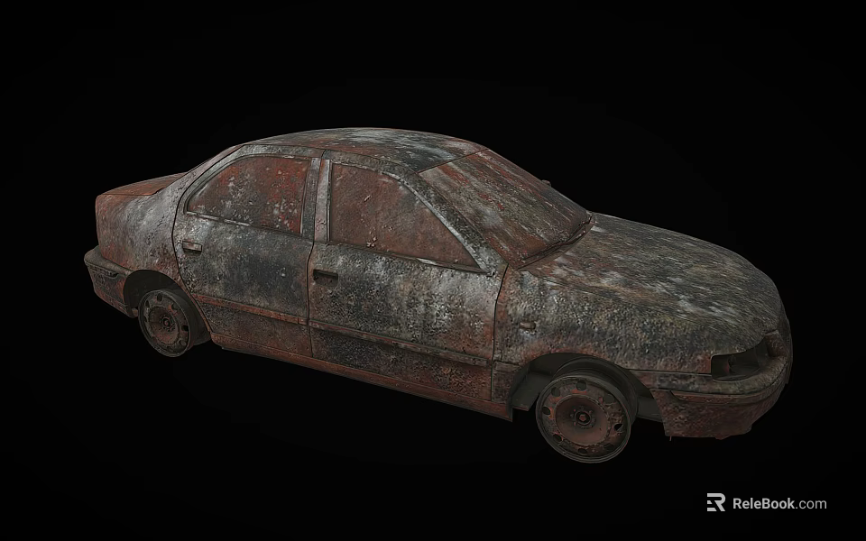 Rusty Old Car With Damaged Body And Corroded Wheels On Black Background 3d model