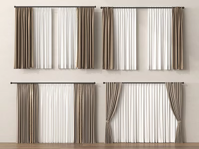 Stylish Brown And White Layered Curtain Designs For Home Interior Windows 3d model