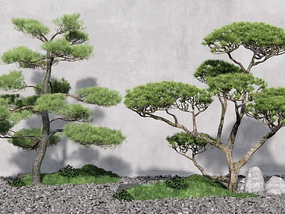Green Foliage Trees Against Gray Wall With Gravel Grass And Stones 3d model