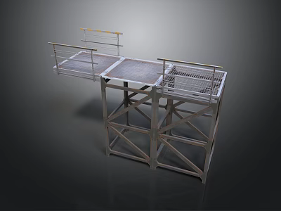 Industrial Metal Platform Equipment With Steel Frame Grated Floor Guardrails And Yellow Warning Strips 3d model