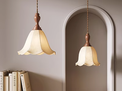 Elegant Pendant Light With Wooden Base Cream Lampshade And Minimalist Design Near Arched Doorway 3d model