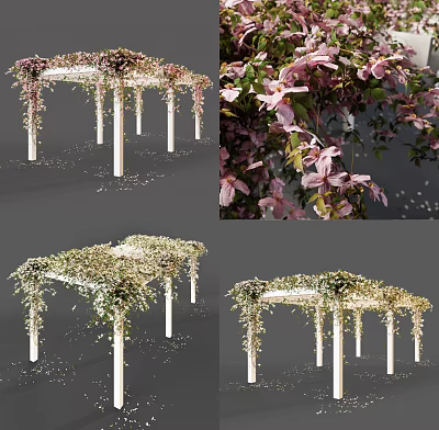 Elegant Outdoor Pergola With White Columns And Hanging Pink Flowers 3d model