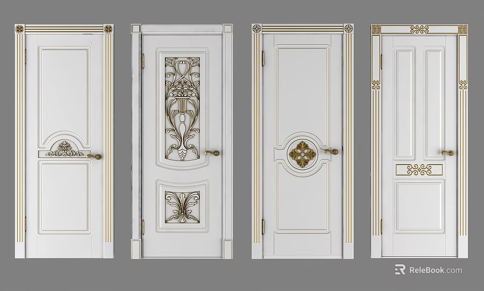 Elegant White Swing Doors With Intricate Carvings And Decorative Elements 3d model