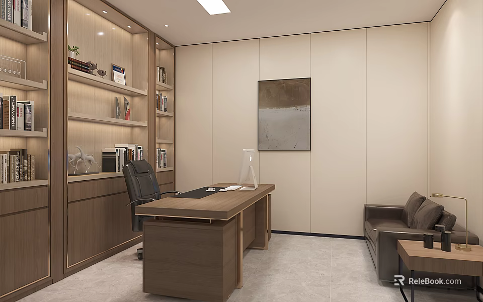 Modern Office Interior Design With Wooden Bookshelves Desk And Leather Sofa 3d model 