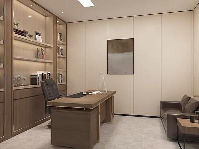 Modern Office Interior Design With Wooden Bookshelves Desk And Leather Sofa 3d model