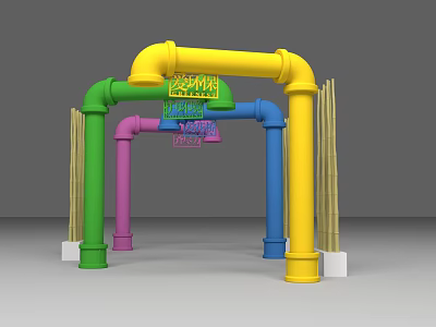Colorful Pipe Garden Ornament With Arched Structure And Bamboo Sticks 3d model