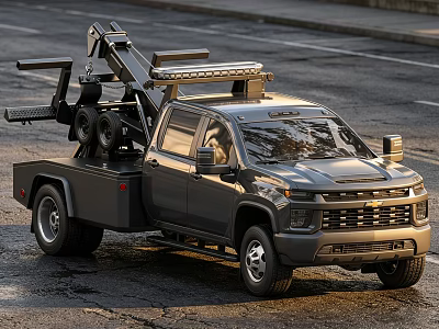 Chevrolet Gray Pickup Tow Truck With Heavy Duty Tow Equipment Parked On Asphalt Road 3d model