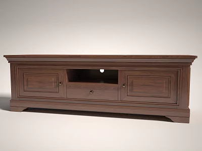 Dark Brown Wooden TV Stand Featuring Classic Design Cabinet Doors And Storage Drawers 3d model