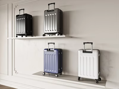 Stylish Suitcases Black Silver Blue White on White Wall Shelves with Wheels and Telescopic Handles 3d model