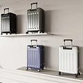 Stylish Suitcases Black Silver Blue White on White Wall Shelves with Wheels and Telescopic Handles