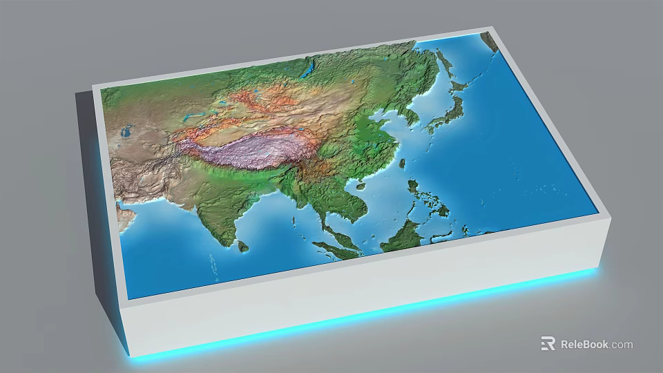 Commercial 3D Relief Map Display With Asia Region Terrain Details And LED Lighting Base 3d model 