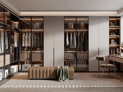 Modern Walk in Closet with Glass Door Cabinets Hanging Clothes Storage Shelves and Bench 3d model