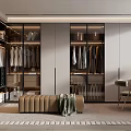 Modern Walk in Closet with Glass Door Cabinets Hanging Clothes Storage Shelves and Bench