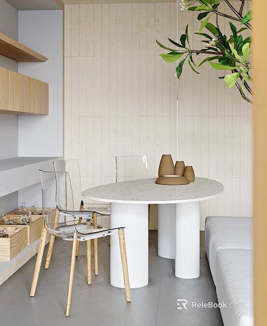 Modern Round Dining Table Set With Transparent Chairs Light Colored Wall And Green Plant 3d model