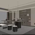 Modern Open Concept Tea Room with Wooden Bookshelves Long Table Cushioned Stools and Pendant Lights