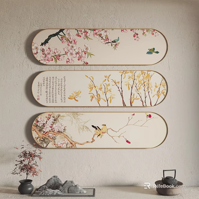 Three Decorative Wall Art Panels With Floral Branches Birds And Leaves 3d model 
