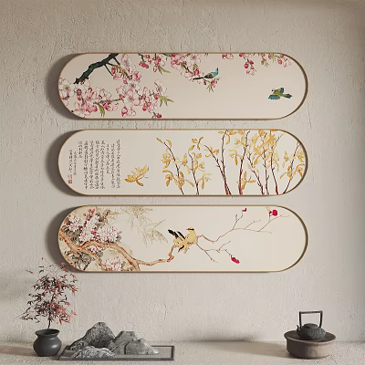 Three Decorative Wall Art Panels With Floral Branches Birds And Leaves 3d model