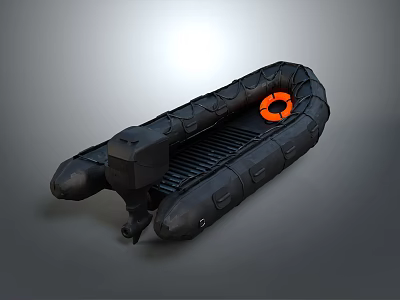 Black Inflatable Boat With Orange Life Ring And Motor For Water Transportation 3d model