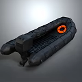 Black Inflatable Boat With Orange Life Ring And Motor For Water Transportation