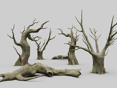 Realistic Dead Trees With Twisted Trunks And Leafless Branches On Gray Backdrop 3d model