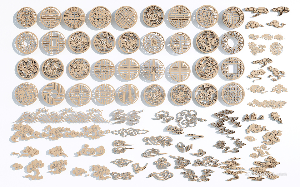 Intricate Decorative Wooden Carvings With Various Traditional Patterns And Shapes 3d model 