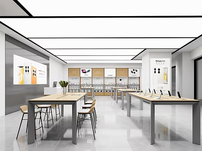 Modern Digital Store With Bright Interior Displaying Smartphones Tablets And Accessories On Counters 3d model