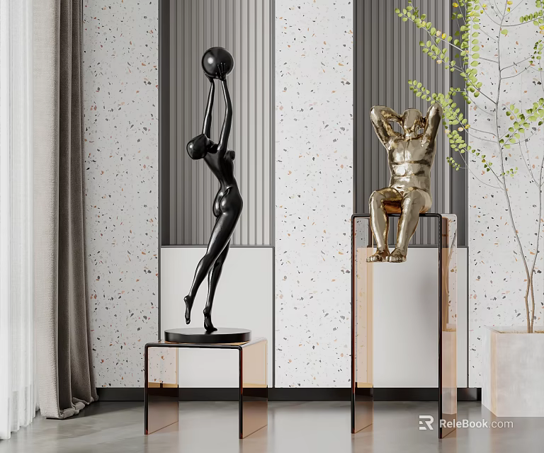Modern Black And Gold Sculptures With Lifting Ball And Seated Figures For Indoor Decor 3d model 