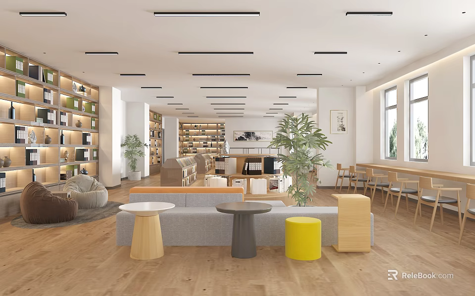 Book Art Inspired Modern Library Space With Bookshelves Sofa Plants And Tables 3d model 