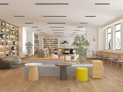 Book Art Inspired Modern Library Space With Bookshelves Sofa Plants And Tables 3d model