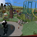 Vibrant Amusement Park With Roller Coaster Water Pool Palm Trees And Cartoon Sculptures